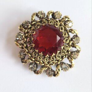 Vintage Antique Gold Brass Chunky Ruby Red Cabochon Victorian Crystal Brooch
